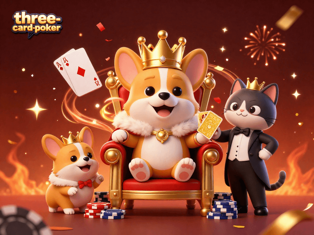 Engage with three-card-poker action amidst colorful celebrations at a lively casino scene.