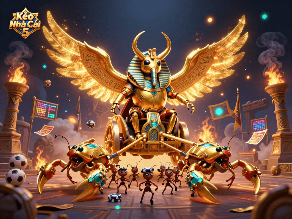 Kèo Nhà Cái 5 showcases a sports betting scene with a golden beetle chariot, evoking excitement and strategy.