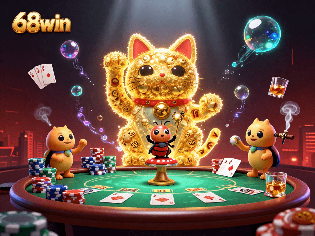 Experience the thrill of playing at 68win with a magical lucky cat and vibrant casino atmosphere.