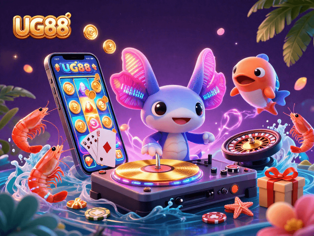 Engage with UG88's vibrant underwater casino world featuring dynamic gaming elements and lively characters.