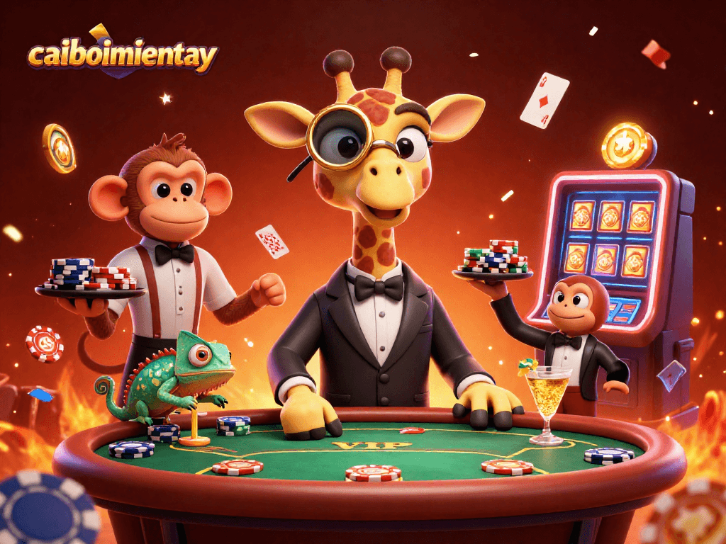Win big at caoboimientay as a high-roller giraffe plays poker surrounded by casino elements.