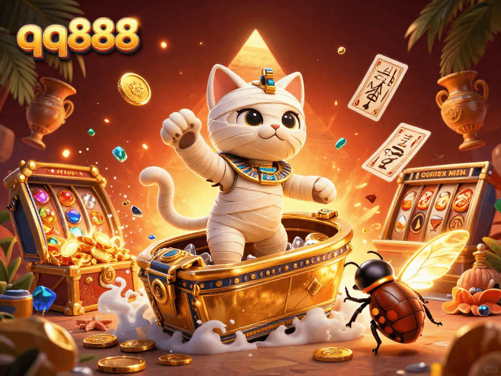 Engage with thrilling qq888 casino fun in a vibrant pyramid setting bursting with treasures.