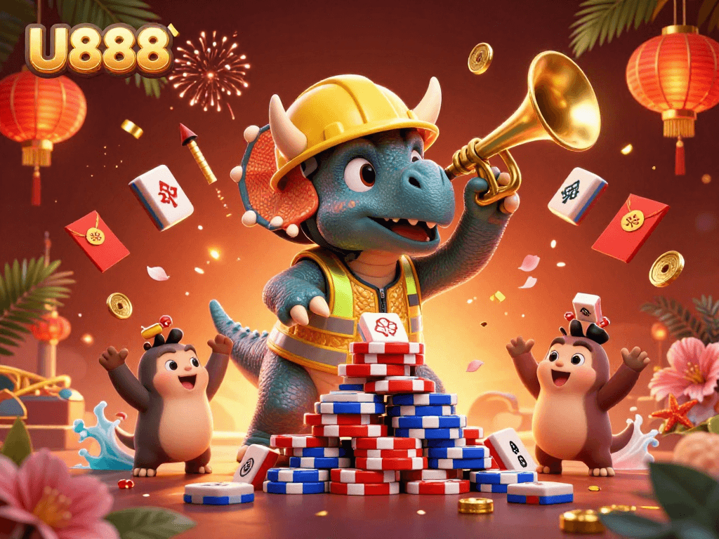 U888 players enjoy a vibrant casino vibe, celebrating wins with joyful characters amidst gaming elements.