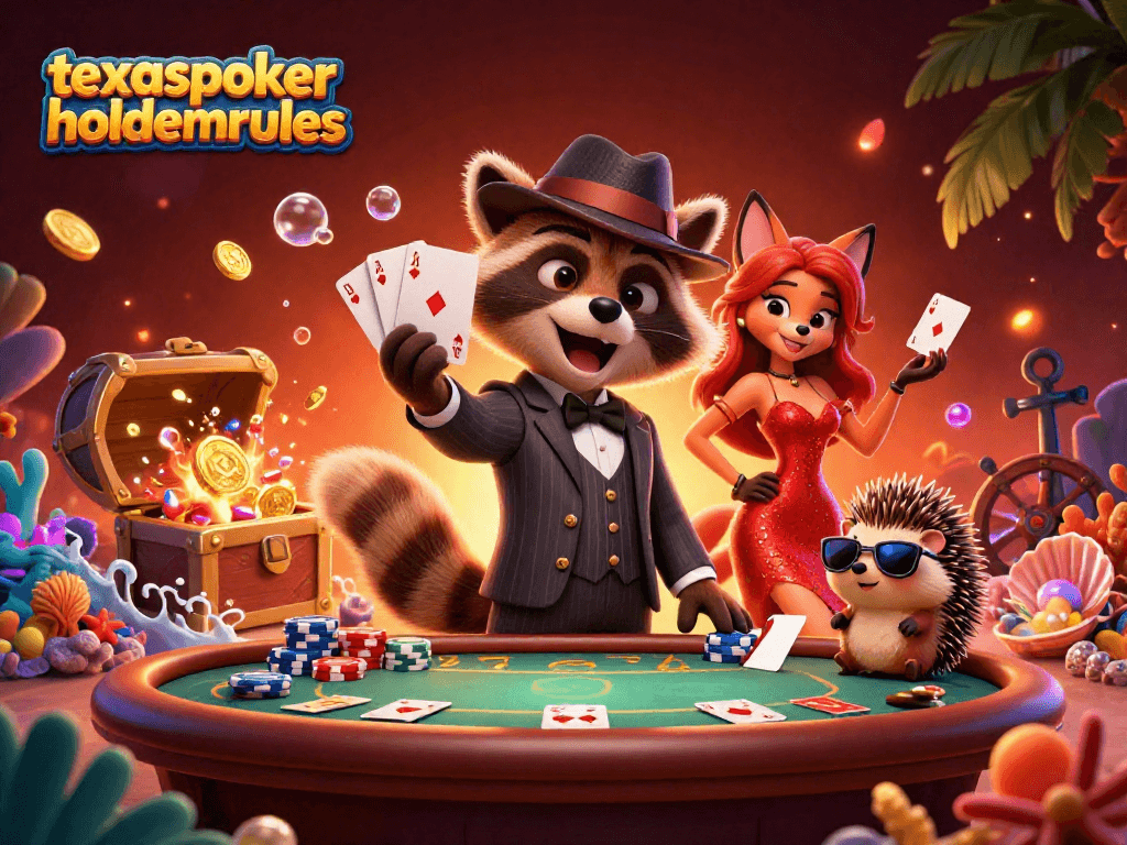Experience the thrill of texaspokerholdemrules with raccoon holding a royal flush amid dazzling casino elements.
