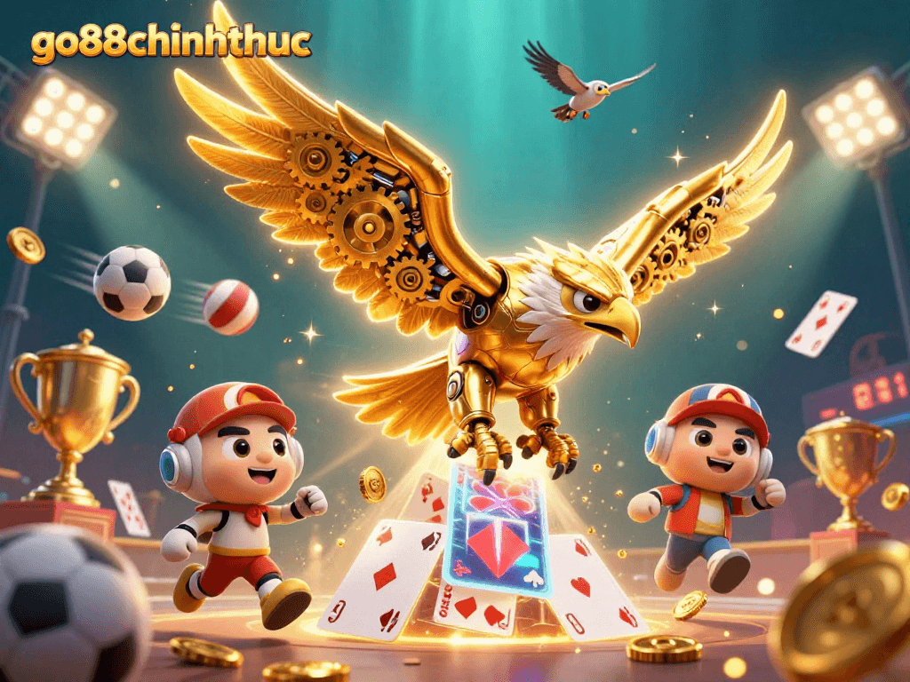 Engaging scene of go88chinhthuc casino action with a golden eagle soaring through dynamic gaming elements.
