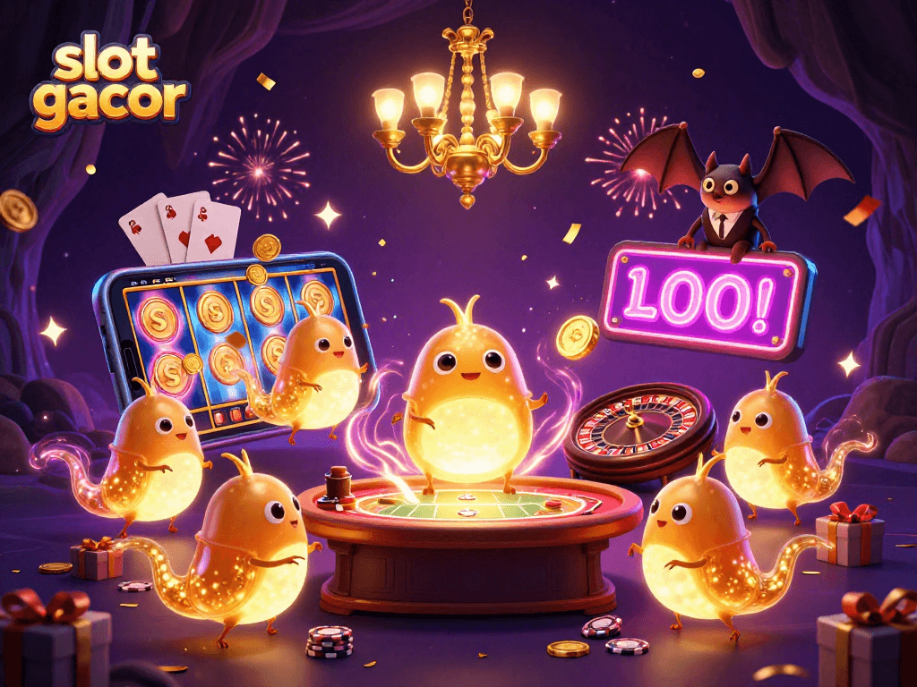 Experience the thrill of slot gacor with dynamic glowworms lighting up a lively cave casino scene.