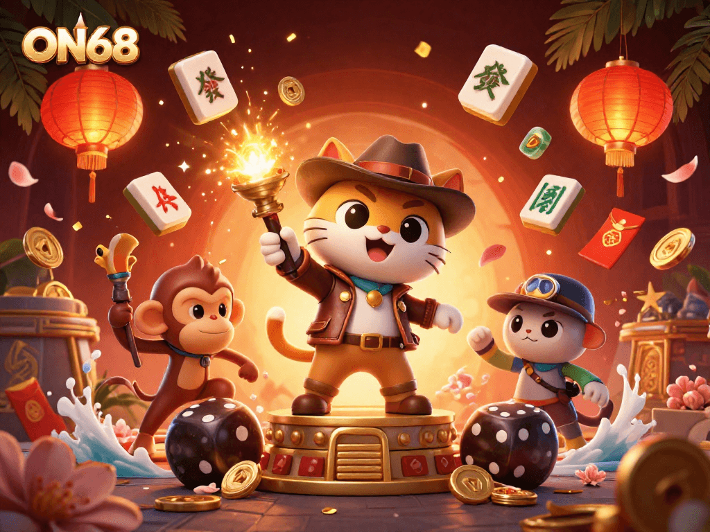 Experience excitement at ON68 with a cartoon argonaut and monkey discovering casino treasures amidst golden game elements.