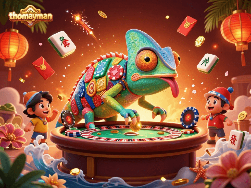 Engage with thomayman in a vibrant 3D casino scene featuring lucky symbols and dynamic animations.