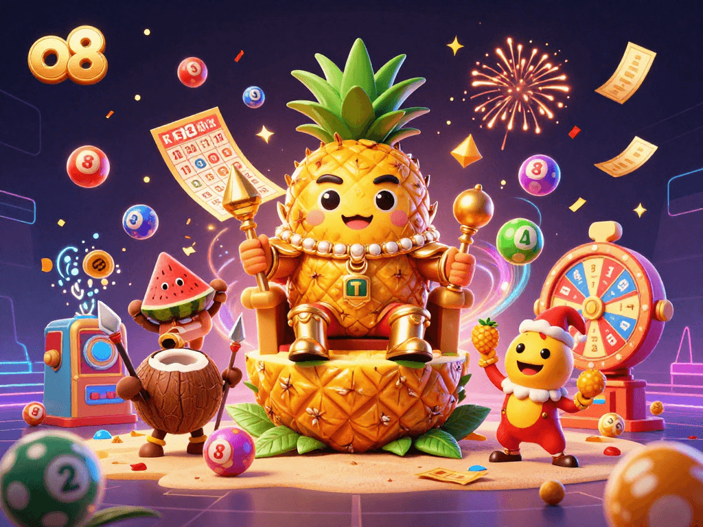 Experience thrilling games at O8 with a vibrant golden pineapple king leading the casino adventure!