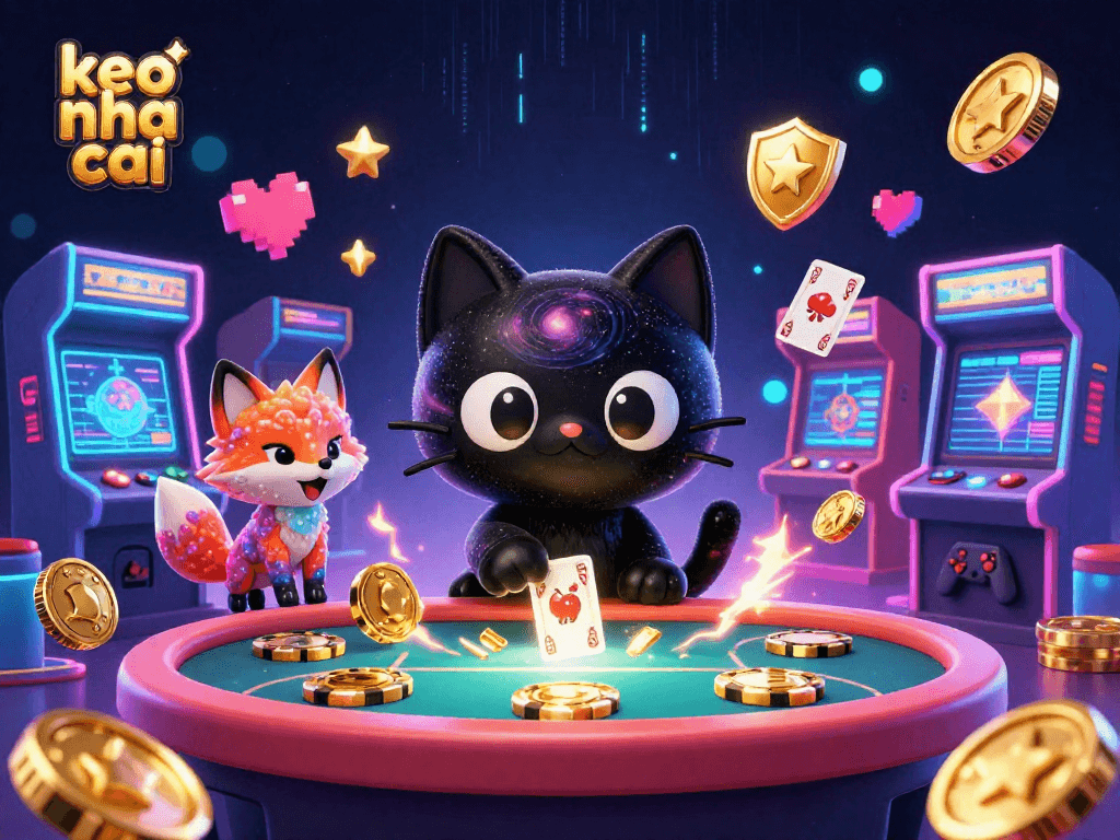 Experience keo nha cai with dynamic cosmic casino action featuring a black hole cat and a nebula fox.