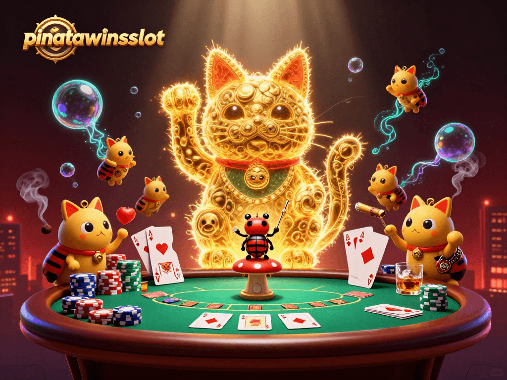 Experience thrilling gaming excitement in pinatawinsslot with a vibrant lucky cat and golden fireflies.