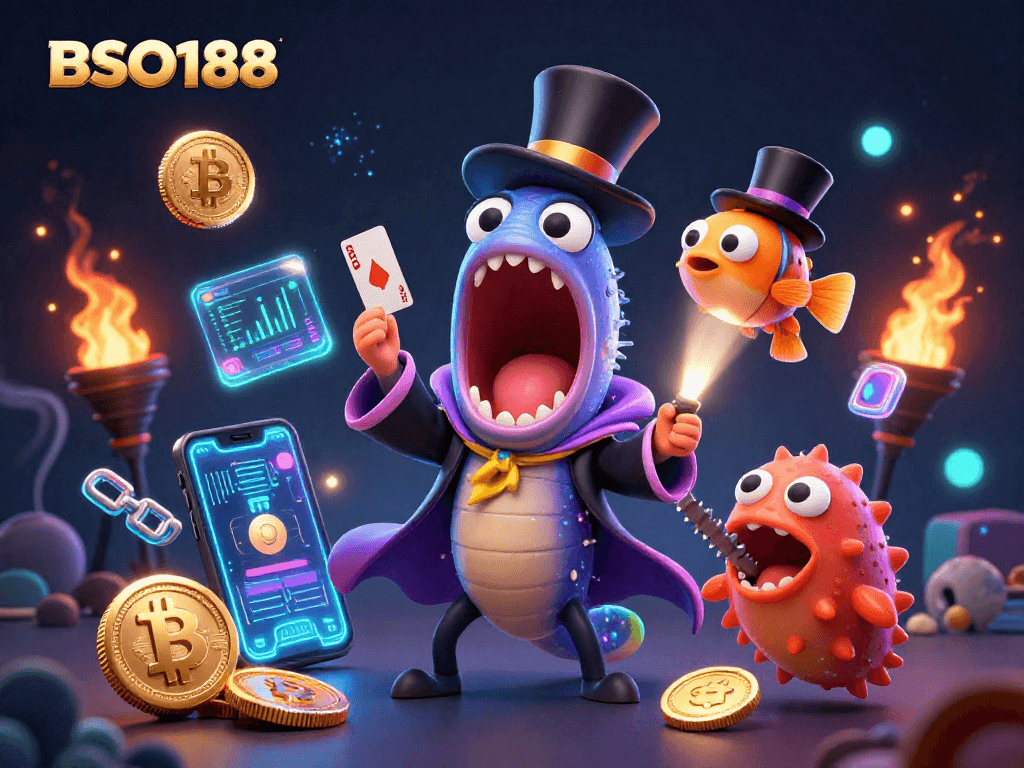 BSO188 showcases a thrilling deep-sea magic act featuring vibrant characters surrounded by crypto elements.