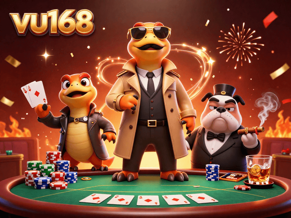 Discover engaging wins at vu168 with raptors in a trench coat entering a vibrant casino scene.