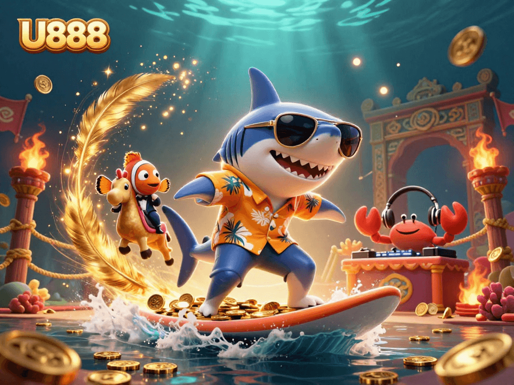 Experience thrilling action with U888 as a shark surfs on gold coins in this vibrant 3D illustration.