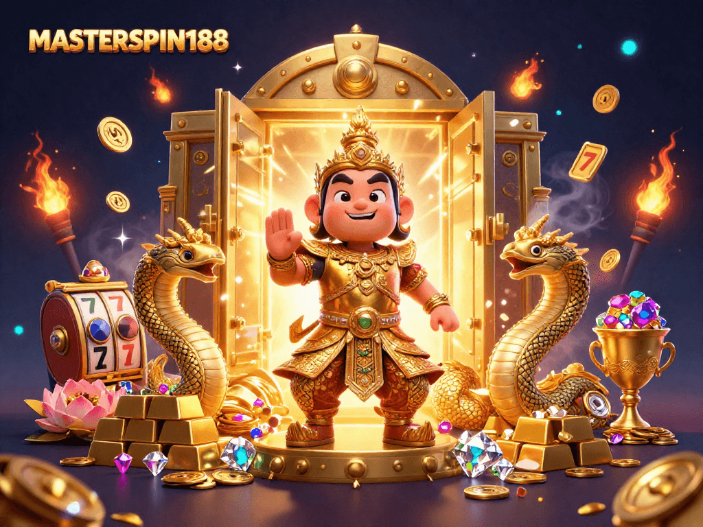 Experience the excitement of MASTERSPIN188 with vibrant 3D guardians and cascading slot reels!