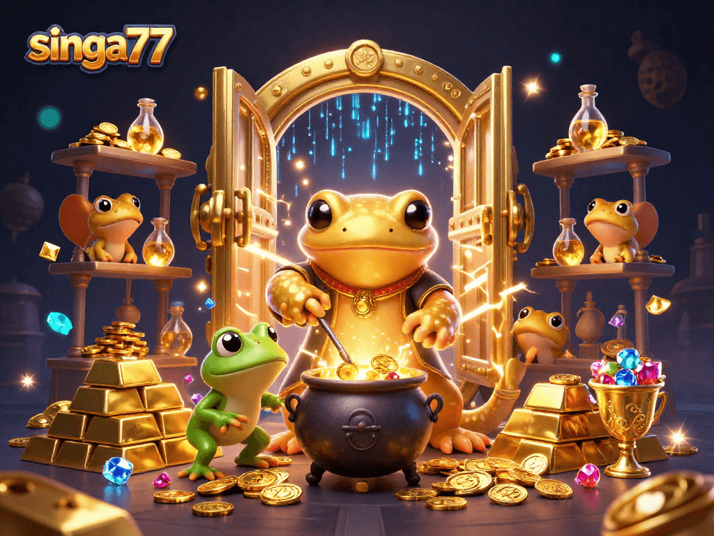 Singa77 elevates your gambling experience with a magical alchemist scene, creating gold with excitement.