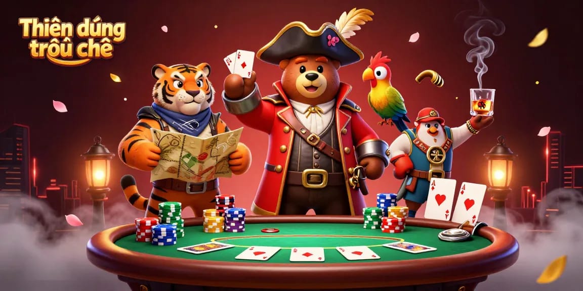 Experience the thrilling action of Thiên đường trò chơi with an energetic pirate bear and his tiger mate playing poker.