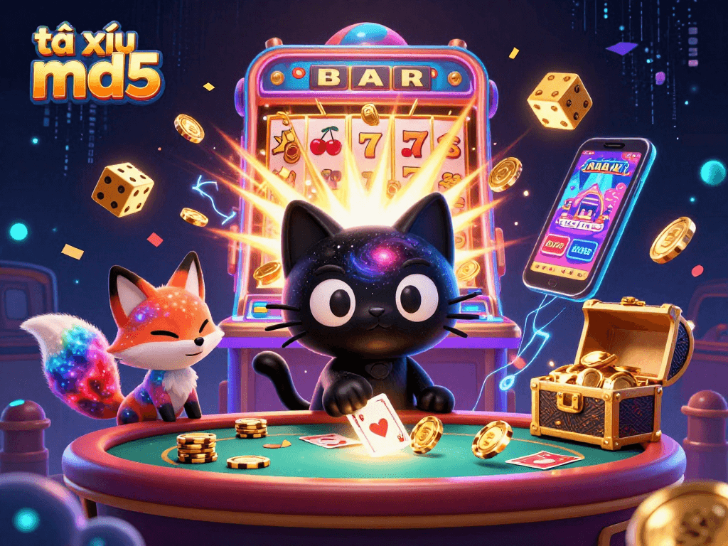 Tài xỉu md5 showcases a cosmic casino scene with a black hole cat and nebula fox capturing golden chips.