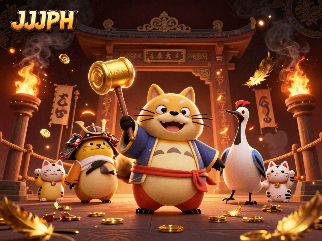 Nagsusulong ng JJJPH, ang masayang tanuki sa tradisyunal na kasuotan ng piyesta kasama ang crane at mga kitty namimigay ng suwerte.