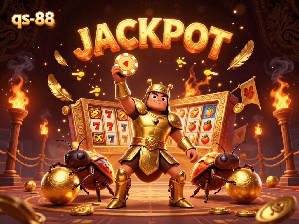qs-88 triumphantly showcases a beetle hero lifting a poker chip amidst rich casino elements