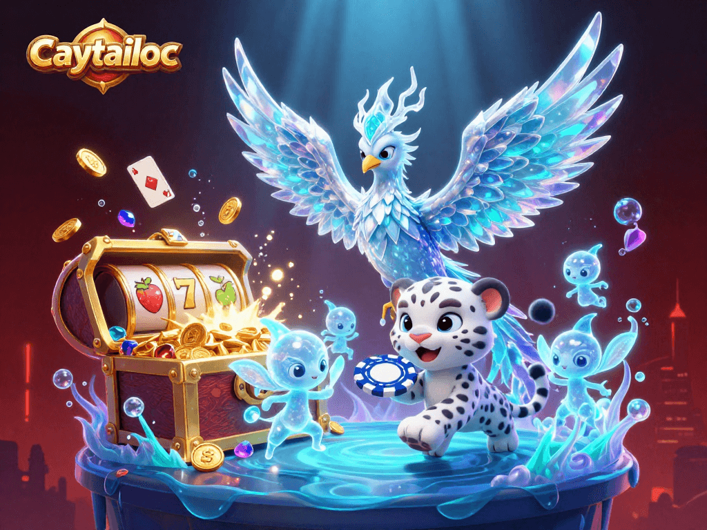 Caytailoc brings jackpot excitement with vibrant slot reels and glowing ice sprites in a 3D casino scene.