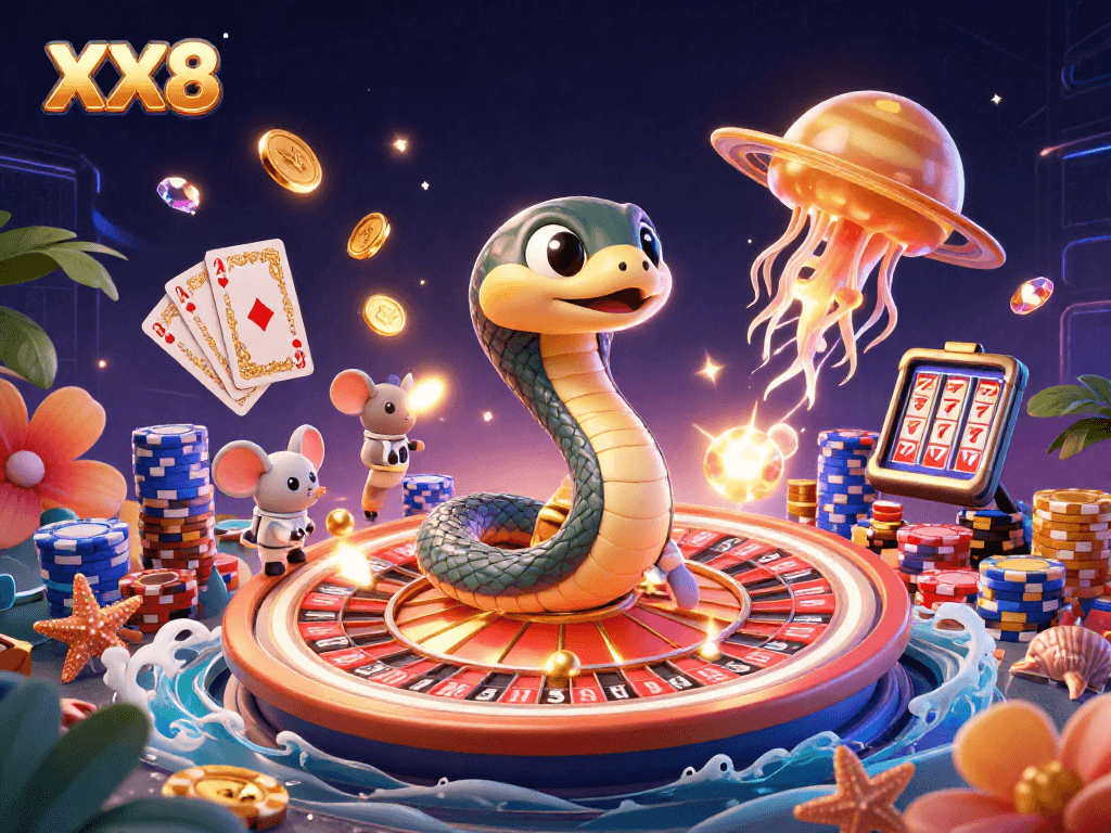 Experience excitement at XX8 with astronaut mice betting on a roulette wheel in a cosmic casino atmosphere.