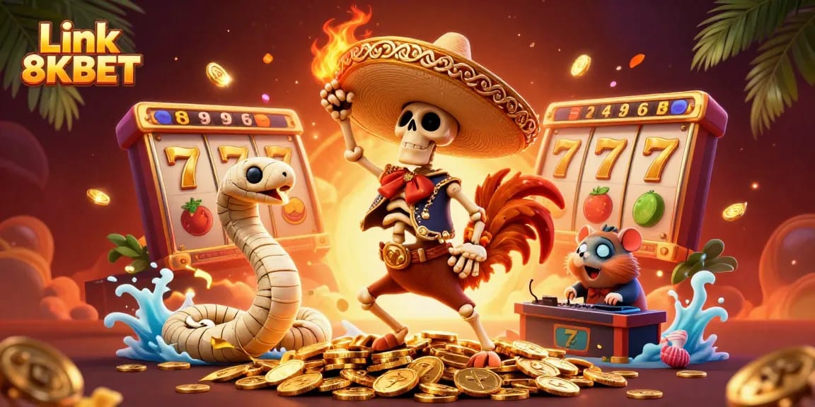 Experience thrilling gameplay at Link 8KBET with a lively casino illustration featuring characters celebrating on golden coins.