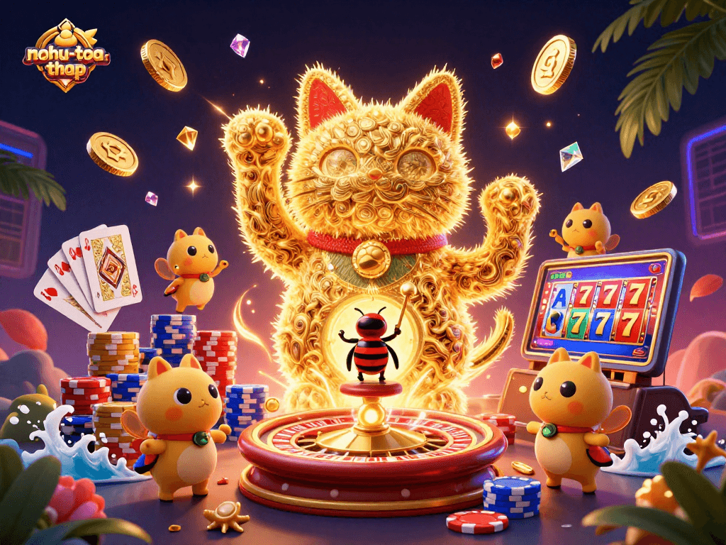 Experience the thrill of nohu-toa-thap with a dynamic lucky cat and casino elements in vibrant 3D.