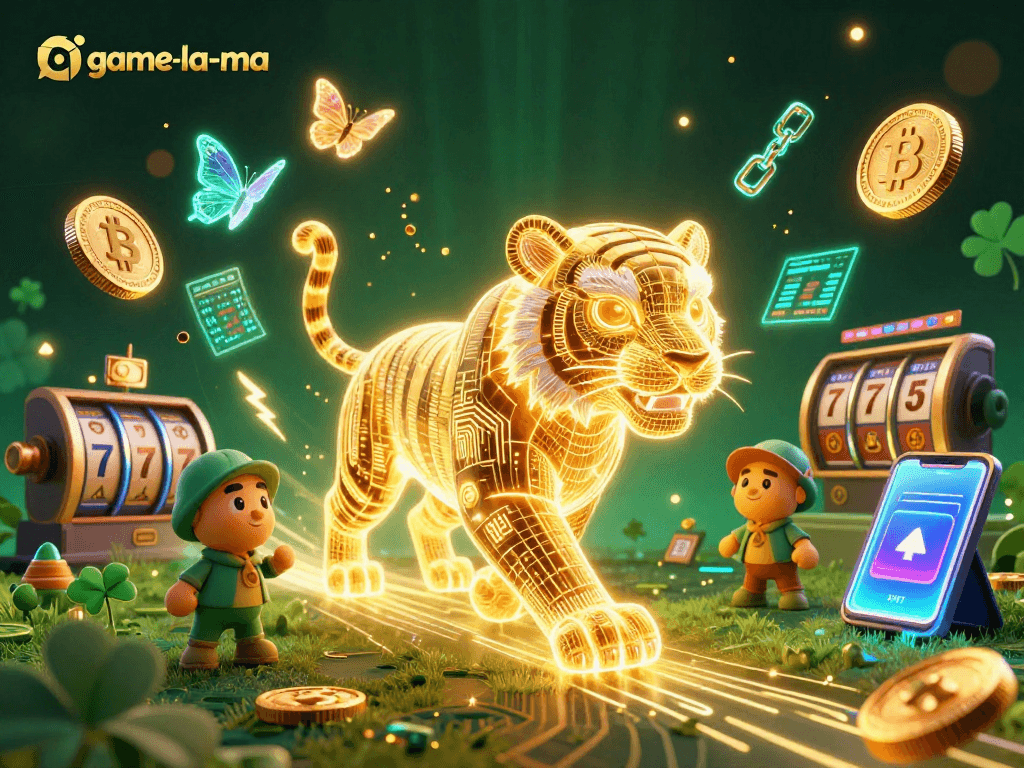 Experience thrilling gameplay at game-la-ma with vibrant 3D casino illustration showcasing crypto and gaming elements.