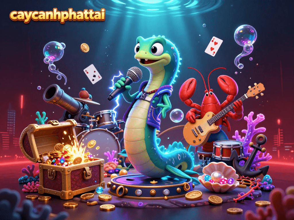 caycanhphattai showcases a vibrant underwater casino scene with a DJ eel and treasure elements