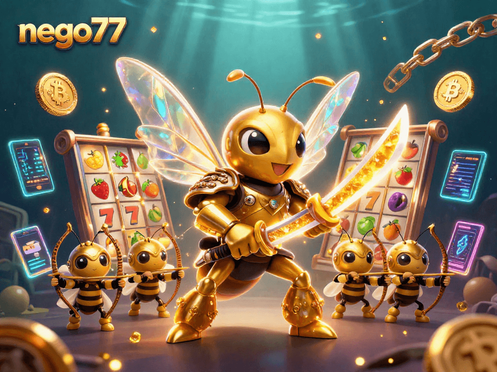 Join the action at nego77 with vibrant slot reels and a dynamic golden hornet character.
