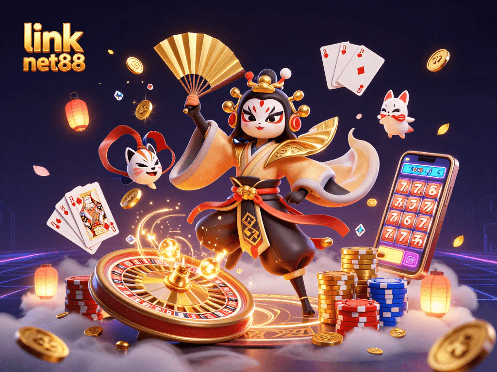 Engage with link net88's vibrant 3D casino scene featuring kabuki warriors, coins, and slot machines.