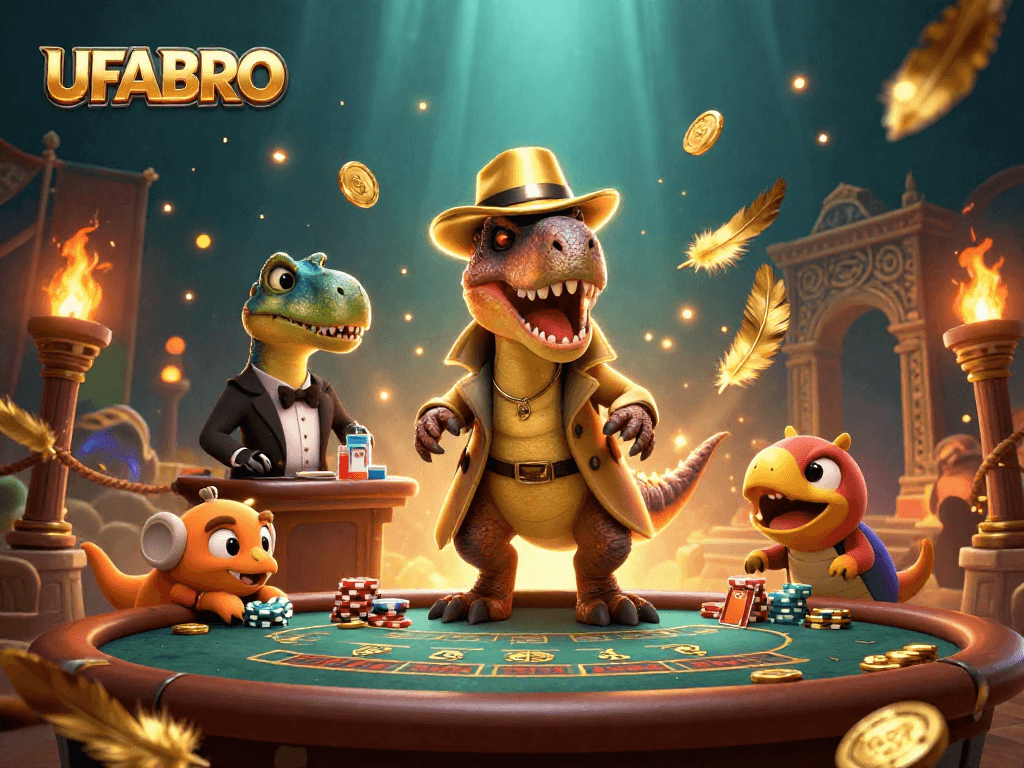 UFABRO offers thrilling gameplay at the blackjack table, featuring a velociraptor card counter and whimsical characters.