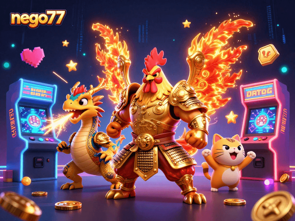 Experience thrilling wins at nego77 with our cartoon casino warriors amidst vibrant game machines.