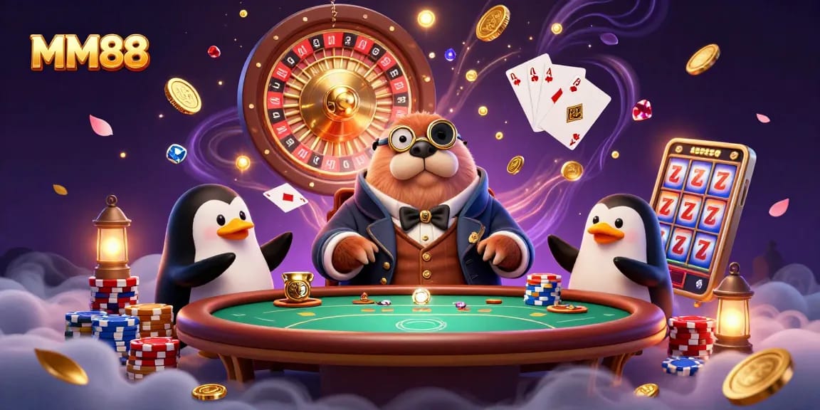 MM88 poker scene with a walrus, penguin dealer, and pufferfish, showcasing exciting gameplay