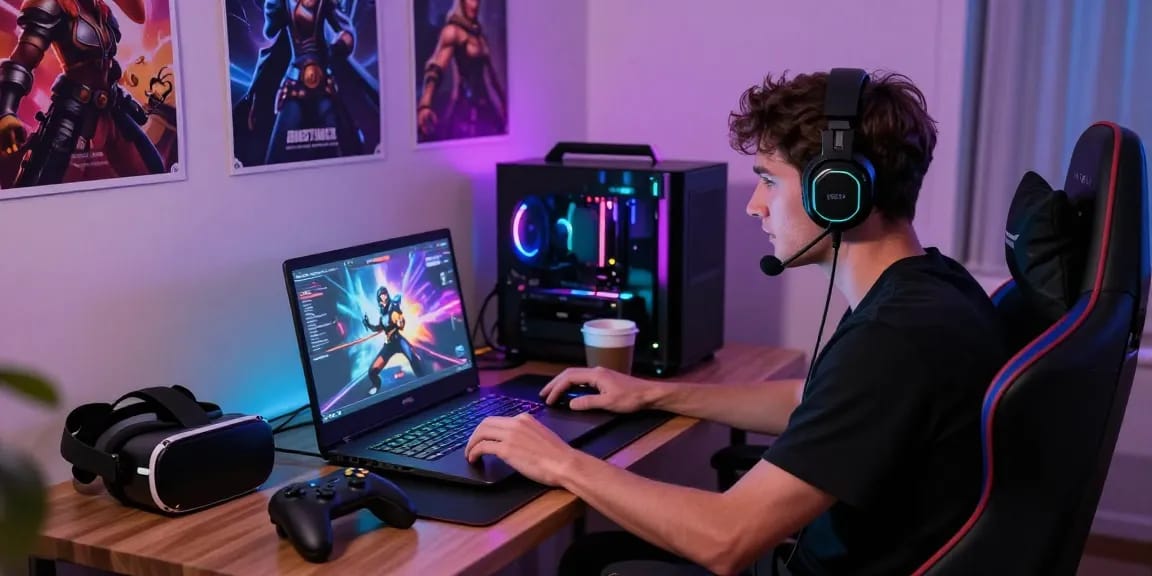 Gaming enthusiast engaged in an online porn game, vibrant lighting, cozy atmosphere, showcasing gaming culture.