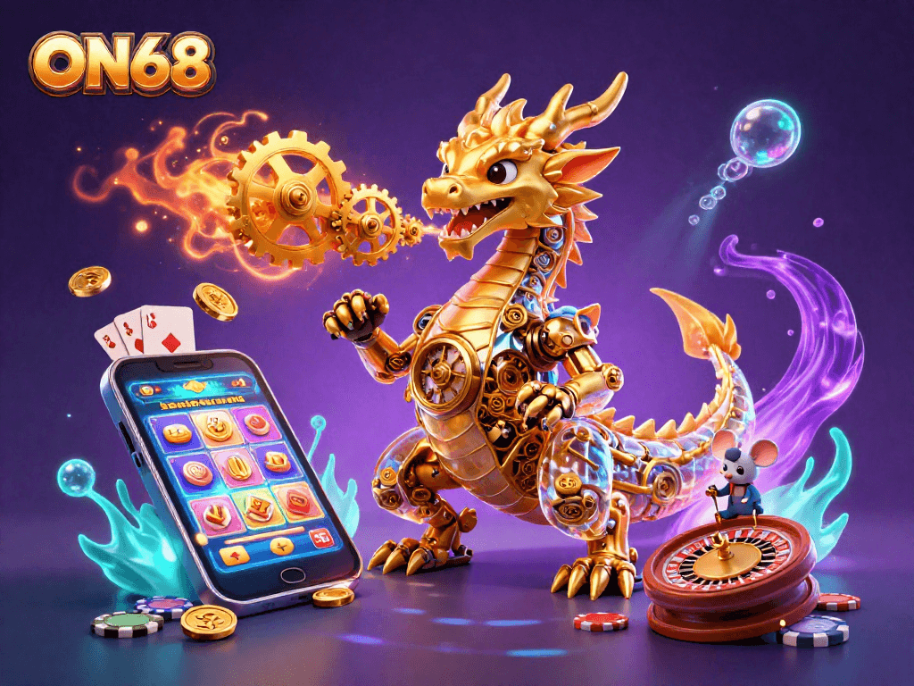 Experience the thrill of gaming at ON68 with vibrant slot games, golden coins, and enchanting characters.