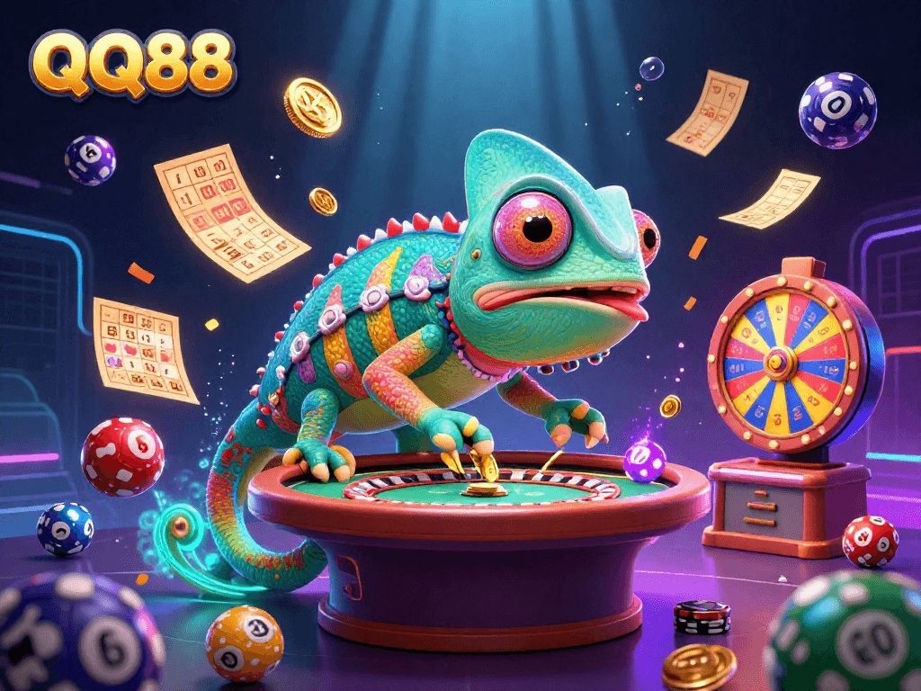 Engage with QQ88's colorful casino experience featuring a chameleon owner amidst vibrant game elements.