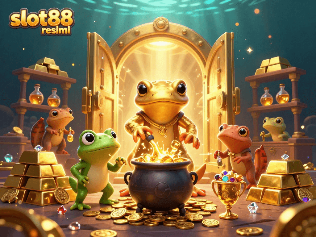 Experience the thrill of winning at slot88 resmi with 3D cartoon characters celebrating gold coin victories in this vibrant casino scene.