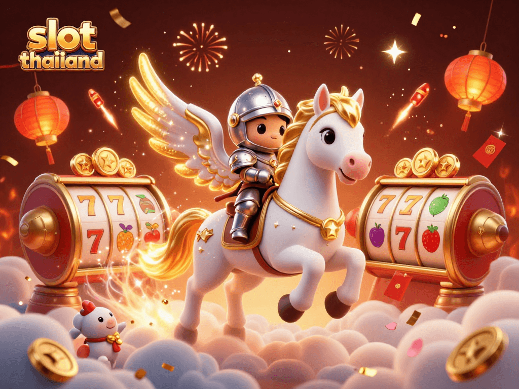 Menang besar di slot thailand dengan pemandangan putaran slot menyala dan karakter berani.