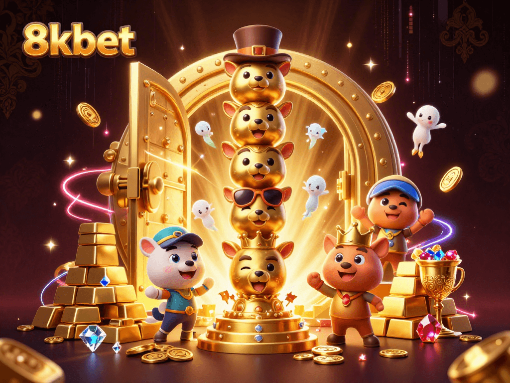 Join the thrill at 8kbet with dynamic casino elements and a golden totem pole.
