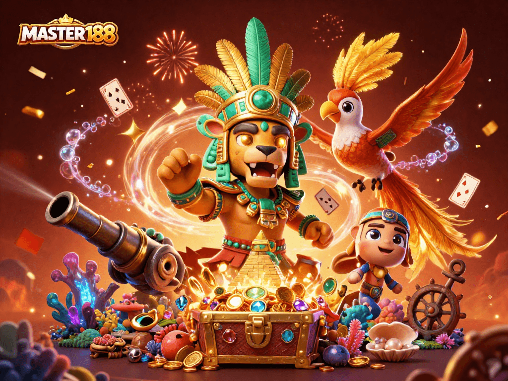 Spin your way to fortunes at MASTER188 with a vibrant 3D illustration featuring gamblers and casino themes.