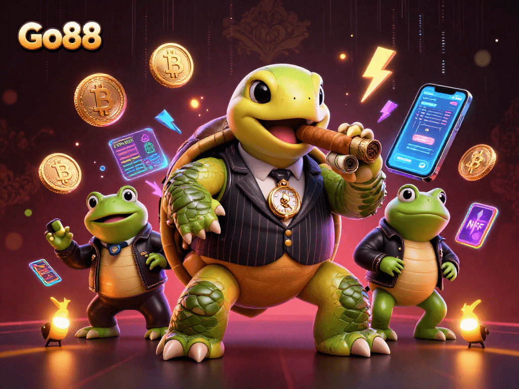 Win big at Go88 with a 3D cartoon turtle and vibrant casino elements lighting the scene.
