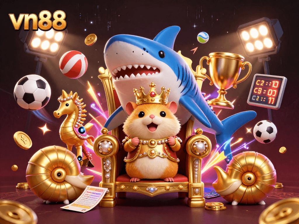 Experience vn88 with this dynamic, colorful 3D illustration featuring a hamster king and vibrant sports elements.