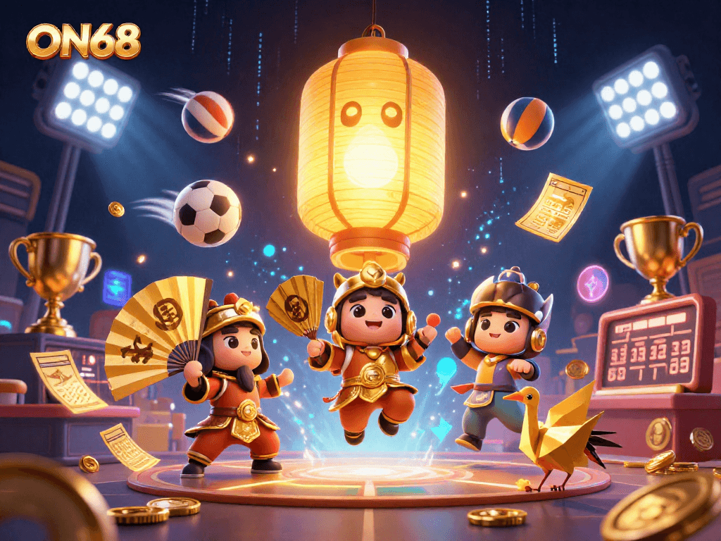Experience thrilling sports action on ON68 with dynamic characters and vibrant casino elements.