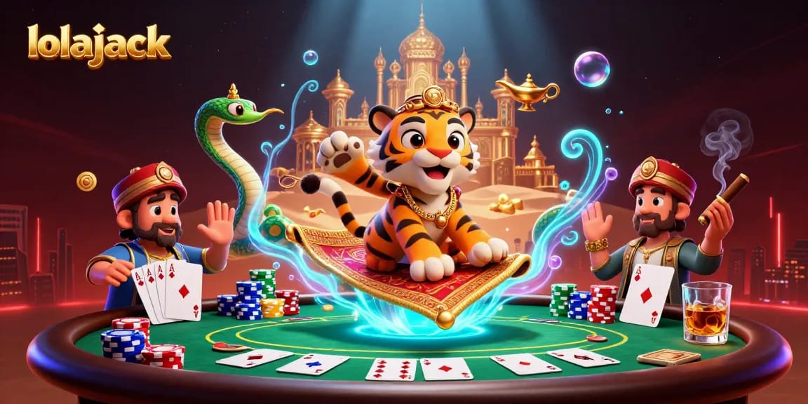 lolajack showcases a vibrant casino scene with a flying tiger sultan amidst poker elements.