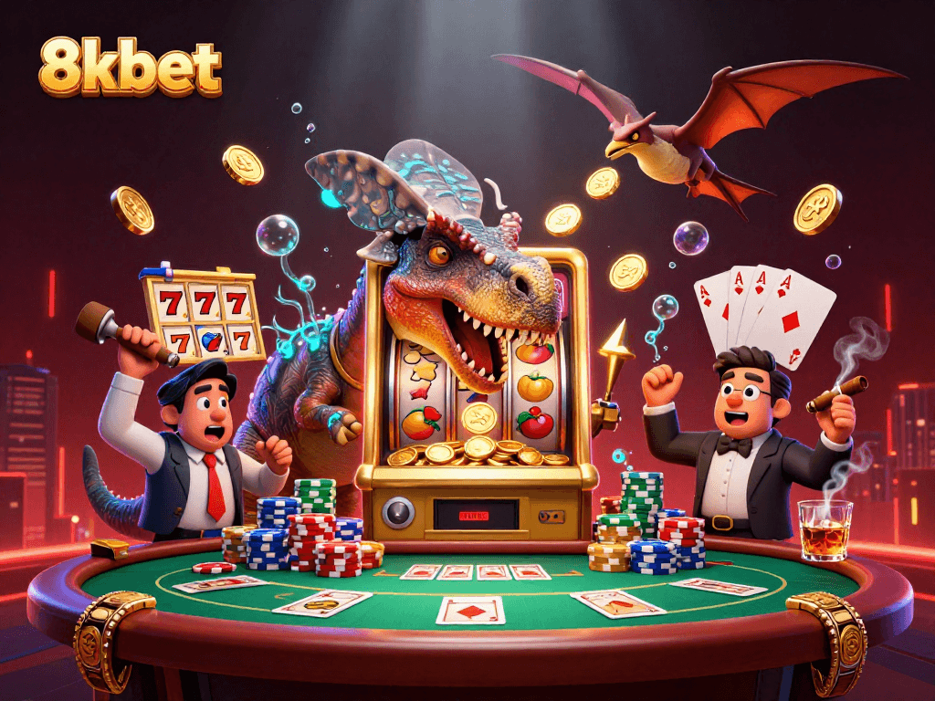 8xbet slots come to life as a pachycephalosaurus hits a golden machine, coins fly around.