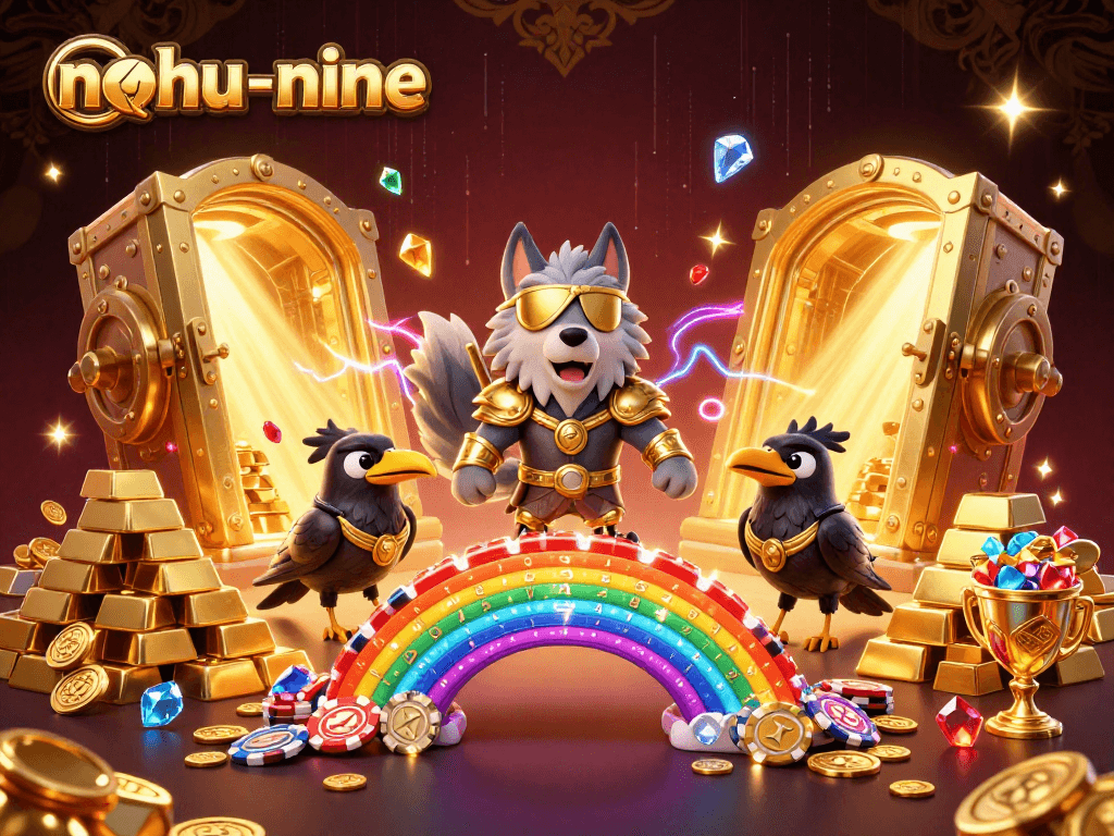 The Odin wolf and ravens in golden armor immerse players in an exhilarating nohu-nine gaming experience, surrounded by casino treasures.