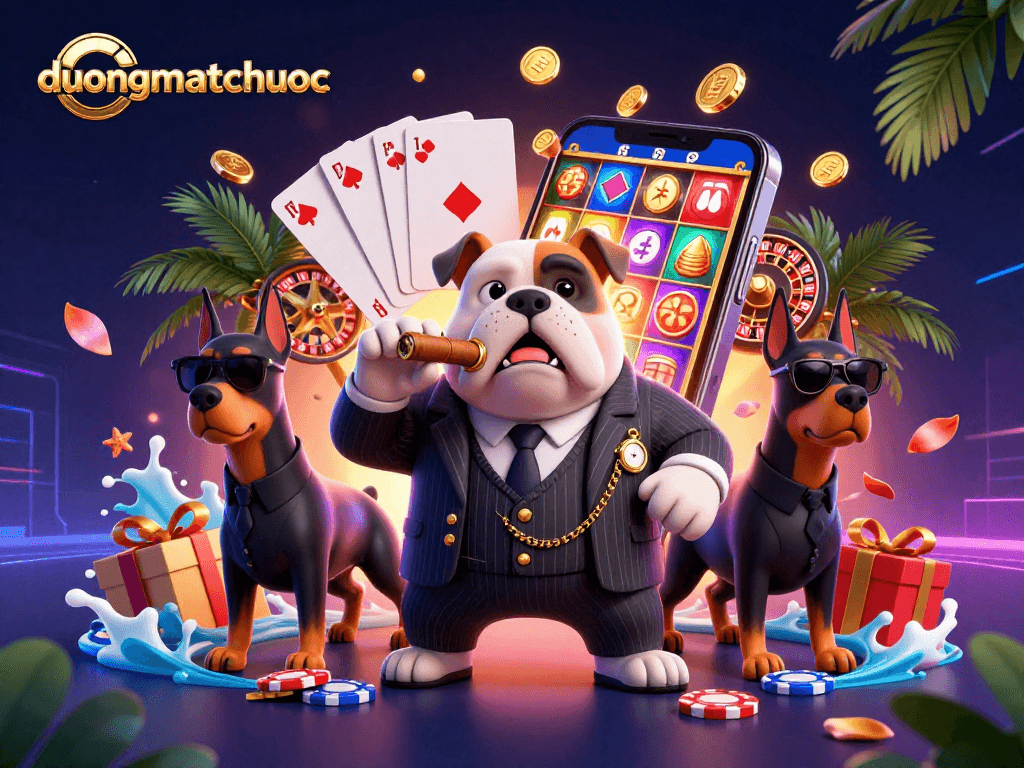 Experience thrilling gameplay with duongmatchuoc's dynamic gambling scene featuring cartoon mafia characters and colorful slots.