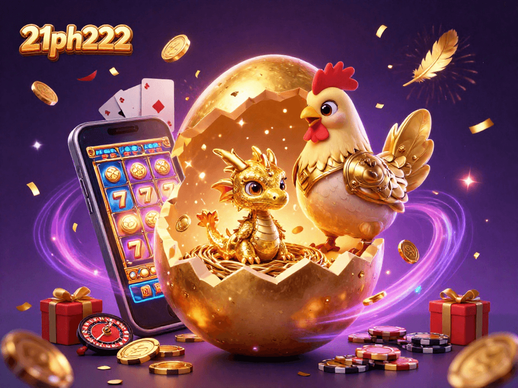 Experience thrills with 21ph222's golden dragon emerging from poker chips amidst exciting casino elements.